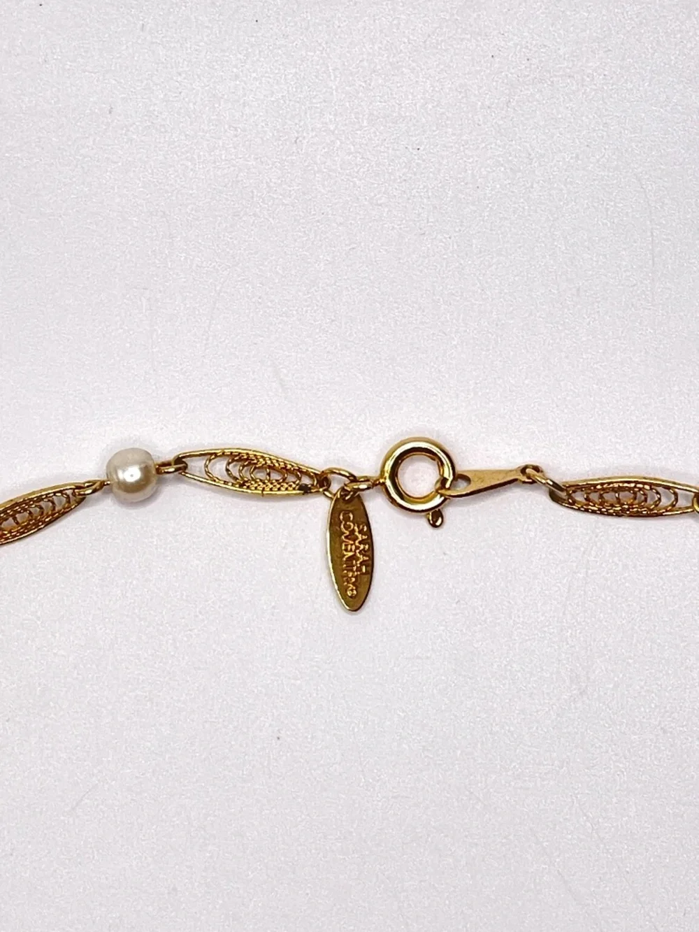 Vintage Sarah Coventry Filigree Lady 1973 Gold Tone Faux Pearl Choker Necklace